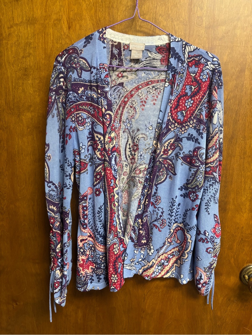 Chico's Blue Paisley Open-Front light weight Cardigan with Red & Purple Details